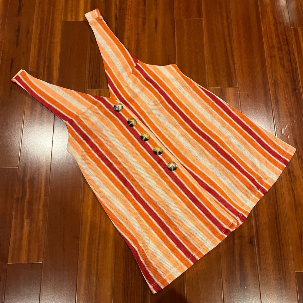 Free People Tank Top Stripe Pullover V-Neck Orange Red Texture Button Size Small